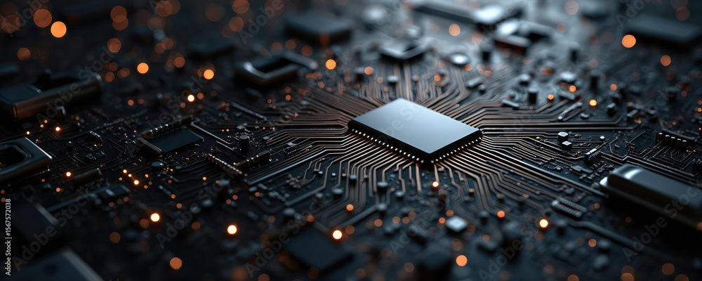 Poster detailed close-up of futuristic computer motherboard circuit board with glowing orange lights. featu