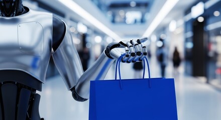 Futuristic robot arm holding blue shopping bag in a modern retail mall