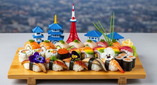Elaborate japanese sushi platter with nigiri and maki rolls on bamboo board and miniature landmarks