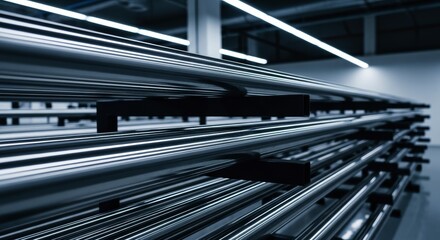 Obraz premium Shiny metal pipes stacked in a modern industrial factory setting