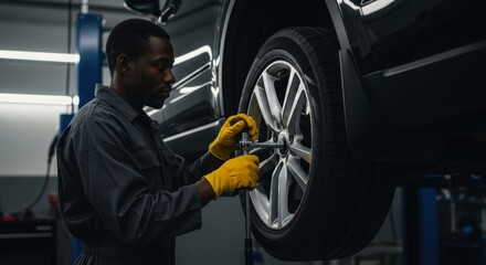 African american car mechanic in yellow gloves working on a lifted SUV wheel in auto repair shop