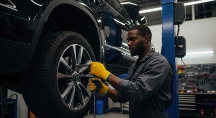 Professional african american mechanic working on car wheel in auto service center