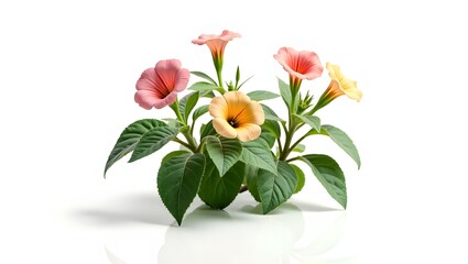Obraz premium Photorealistic image of colorful Petunia plant isolated on white. Trumpet-shaped bloom in vibrant color with soft green leaves. Botanical macro with soft light and natural detail.