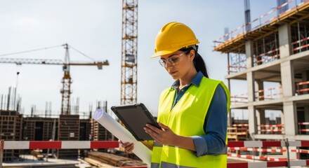 Professional female construction engineer using digital tablet at modern building site