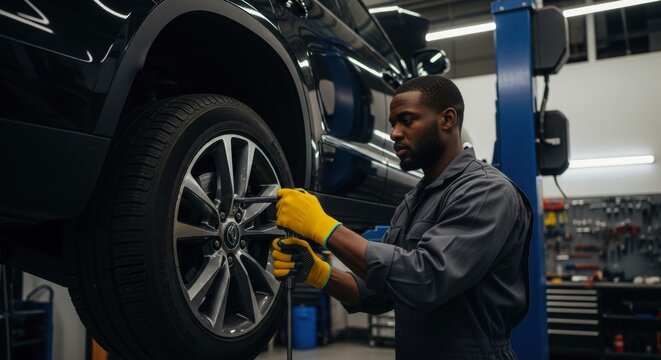 Professional african american mechanic working on car wheel in auto service center