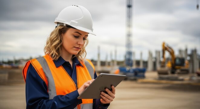 Professional young woman engineer using digital tablet at construction site
