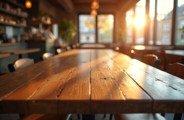 Empty wooden table in cafe restaurant with warm sunlight. Defocused background features tables, chairs, creating cozy atmosphere. Perfect for displaying food products, rustic interior setting evokes
