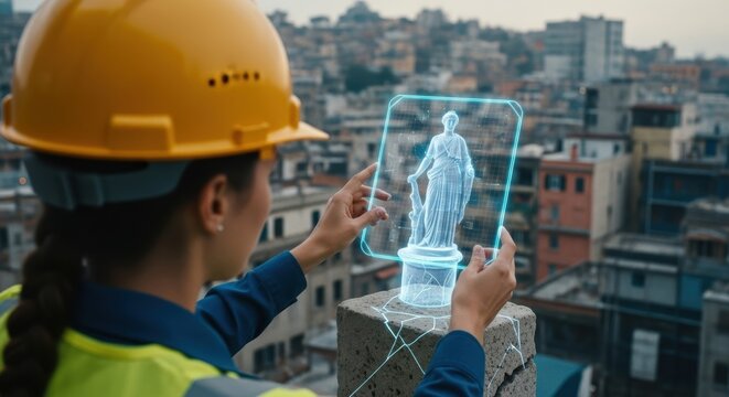 Female engineer analyzing holographic blueprint over urban landscape