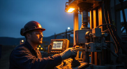 Professional male engineer in hard hat operating industrial drilling machinery at dusk