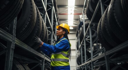 Professional female logistics specialist checking tires on shelves in a warehouse