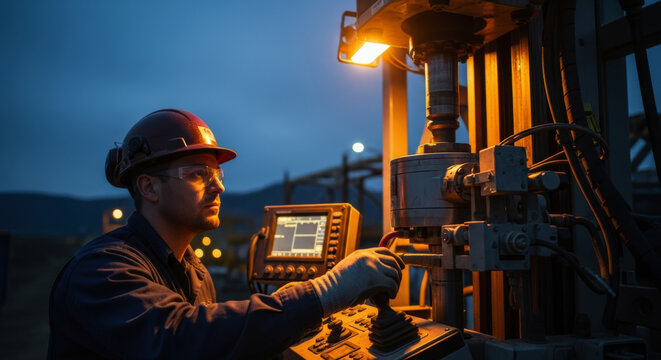 Professional male engineer in hard hat operating industrial drilling machinery at dusk