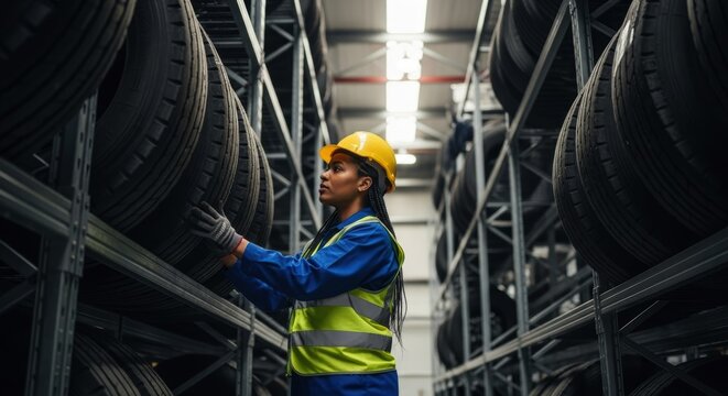 Professional female logistics specialist checking tires on shelves in a warehouse