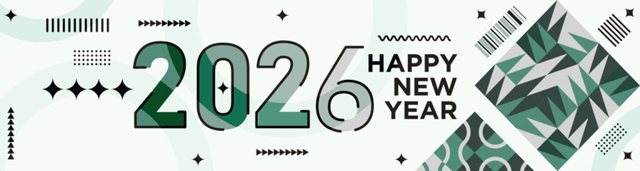 Happy New Year 2026 text design Modern Calligraphy Greetings on a Stylish background with geometric patterns, abstract pattern with lines, new year celebration design, colorful vector illustration