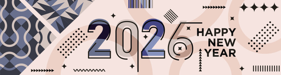 Happy New Year 2026 text design Modern Calligraphy Greetings on a Stylish background with geometric patterns, abstract pattern with lines, new year celebration design, colorful vector illustration