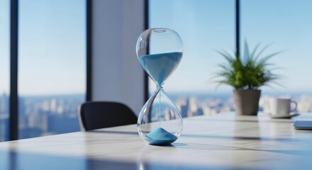 Plakat Clear glass hourglass with light blue sand flowing on marble table in modern office