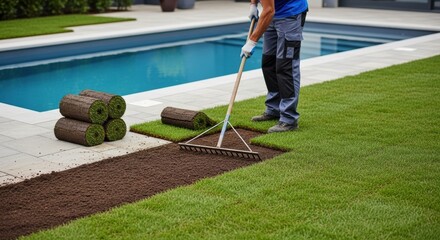 Professional landscaper installing new sod grass around a swimming pool in a modern garden.