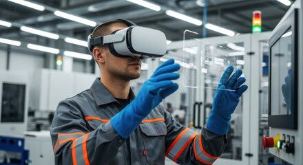 Industrial worker in VR headset using augmented reality for smart factory operations