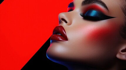 beautiful woman with red and blue makeup on her face