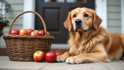 Golden Retriever Dog Resting by a Basket of Fresh Red Apples on a Porch
