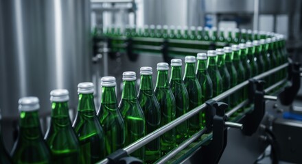 Green glass bottles moving on conveyor belt in modern beverage factory