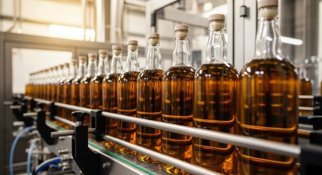 Row of unlabeled glass bottles filled with golden amber liquid on a production line in a modern factory