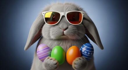 Cool fluffy gray bunny rabbit wearing stylish sunglasses and holding colorful easter eggs for holiday celebration