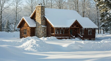 Snowy log cabin in winter