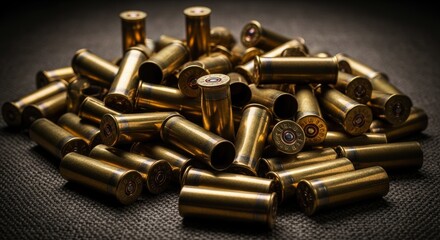 Pile of empty brass shotgun shells and spent bullet casings on a dark textured surface