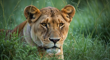 Obraz premium Powerful lioness with piercing amber eyes peeking through lush green grass