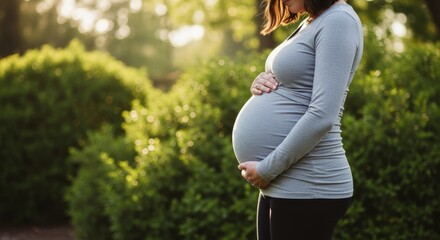 Pregnant woman gently holding her belly outdoors in a park with green bushes and sunlight