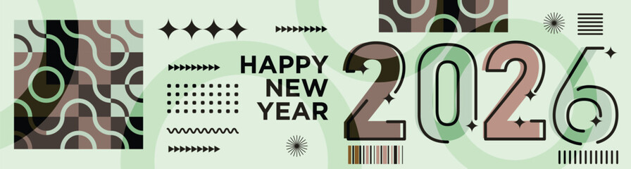 Happy New Year 2026 text design Modern Calligraphy Greetings on a Stylish background with geometric patterns, abstract pattern with lines, new year celebration design, colorful vector illustration