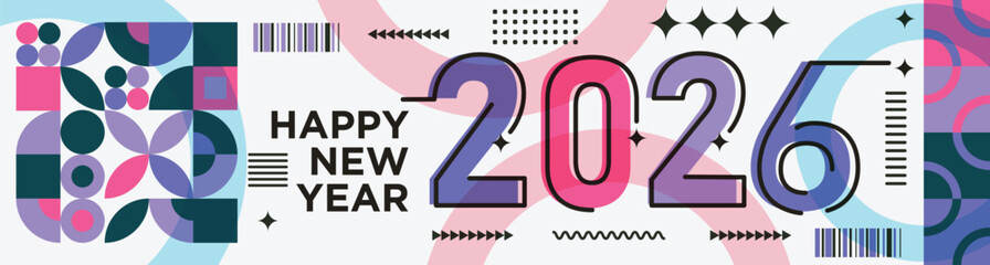 Happy New Year 2026 text design Modern Calligraphy Greetings on a Stylish background with geometric patterns, abstract pattern with lines, new year celebration design, colorful vector illustration
