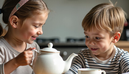 Child pouring tea for brother with joy in cozy kitchen setting