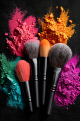 Set of makeup brushes with vibrant powder pigments on black studio background