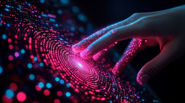A person's hand touching a cyberspace technology background composed of data