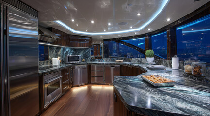 Black marble kitchen on a yacht with stainless steel appliances, a panoramic window overlooking the ocean at night.