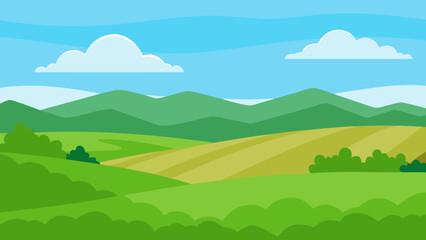 Fototapeta premium Cartoon illustration of a summer mountain landscape with green trees, hills, and a blue sky with clouds