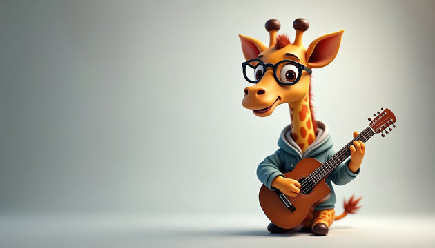 Cute cartoon giraffe wearing glasses plays acoustic guitar. This charming 3D illustration features a happy character in a studio setting, ideal for music themes, children content, or fun designs.