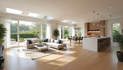 Spacious luxury home interior features open floor plan connecting living room, dining area, modern kitchen. Hardwood floors, large windows, skylights fill space with natural light. Elegant neutral