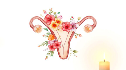 A gynecological concept watercolor painting a cute and charming uterus with flowers on a white background