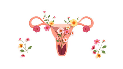 Female reproductive system with flowers and leaves on a white background. Vector illustration.