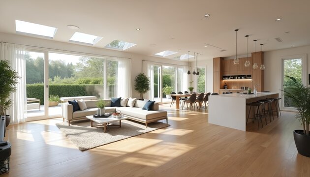 Spacious luxury home interior features open floor plan connecting living room, dining area, modern kitchen. Hardwood floors, large windows, skylights fill space with natural light. Elegant neutral - Powered by Adobe