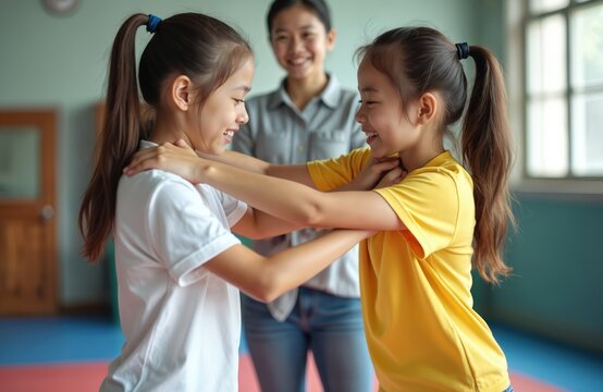 Two young girls practice self defense martial arts moves in a gym. A woman watches them train. Children learn new skills, develop coordination and build confidence in sports class. - Powered by Adobe
