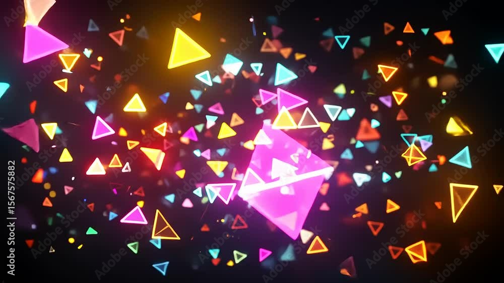 Poster colorful abstract triangles floating in a dark background, creating a dynamic and vibrant atmosphere