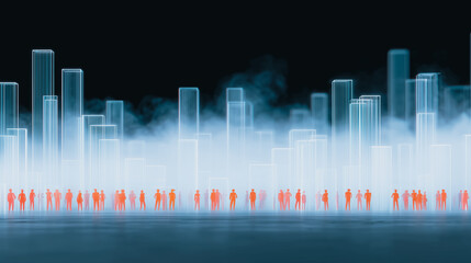 Fototapeta premium Cityscape in the Mist: A futuristic city skyline, rendered in an ethereal, abstract style, emerges from a hazy atmosphere.