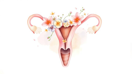 A gynecological concept watercolor painting a cute and charming uterus with flowers on a white background
