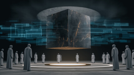 Mysterious Ritual: A captivating visual narrative unfolds as cloaked figures gather around an enigmatic cube, symbolizing an otherworldly congregation, in an abstract, high-tech setting.