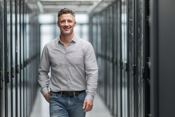 A handsome man in his thirties, wearing jeans and a shirt, walks through the data center where many supercomputer podiums stand side by side. He is confident about which one he wil