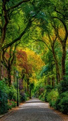 Obraz premium A path lined with trees in autumn colors. Lush green foliage, colorful fall leaves, and a paved walkway