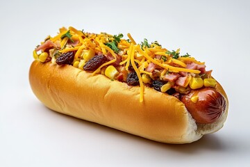 Gourmet hot dog, loaded with mix, studio shot. Possible food blog